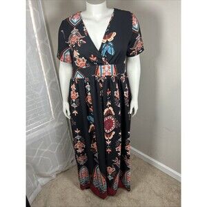 Rosegal Maxi Dress 3X Black V Neck Empire Abstract Boho Festival Casual Modest